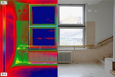 Die Infrarot-Messung zeigt, an welchen Stellen Wärme durch die Fenster entweichen kann. Nur eine gute Dämmung kann den Verlust mindern. 