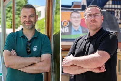 Treten bei der OB-Wahl in Aue-Bad Schlema am 7. Juni an: Marcus Hoffmann (CDU, Foto l.) und Stefan Hartung (rechtsextreme „Freie Sachsen“).