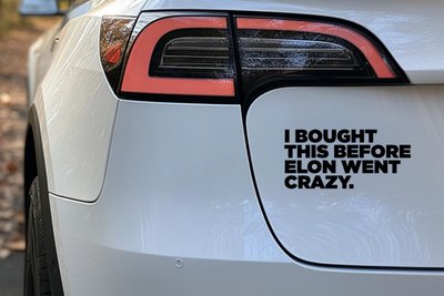 Viele Teslafahrer schmücken ihr Auto inzwischen mit einem "I bought this before Elon went crazy"-Sticker. Auf Deutsch heißt der Text etwa: "Ich hab das hier gekauft, bevor Elon durchgedreht ist."