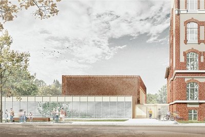Der Siegerentwurf der neuen Sporthalle mit Vorplatz und Cafeteria. 