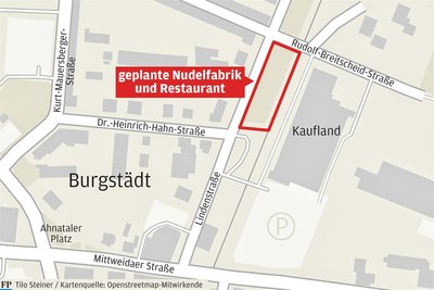 Hinter dem Kaufland-Einkaufsmarkt in Burgstädt soll eine Nudelfabrik mit Restaurant gebaut werden.