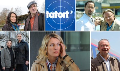 Ulrike Folkerts alias "Lena Odenthal" und ihr Kollege Andreas Hoppe alias "Mario Kopper" (oben, l), die Schauspieler Jan Josef Liefers als Rechtsmediziener Prof. Karl-Friedrich Boerne und Axel Prahl als Kommissar Frank Thiel (oben, r), die Schauspieler Boris Aljinovic (l-r) und Dominic Raacke, Maria Furtwängler und Joachim Krol. 