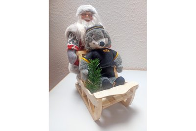 Büroschnappschuss bei Benjamin Kahlert: Väterchen Frost fährt mit dem Maskottchen Fredi des KSB Mittelsachsen Schlitten.