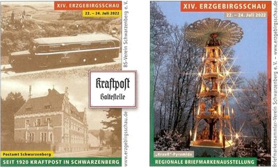 Mit diesen Schwarzenberger Motiven sind anlässlich der 14. Erzgebirgsschau zwei Sonderumschläge erhältlich, sowohl blanko als auch mit Marke und gestempelt. Als Motive wurden ein Bus der einstigen Kraftpost und das frühere Hauptpostamt gewählt, zum anderen die Krauss-Pyramide. 