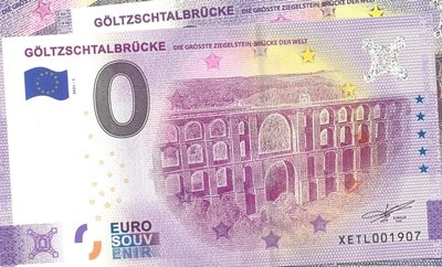 Ein besonderes Souvenir 2021: Der nagelneue 0-Euro-Schein mit dem Motiv der Göltzschtalbrücke auf der Vorderseite. Er ist in der Tourist-Information am Markt in Reichenbach erhältlich. 