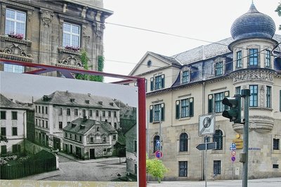 Die Gegenüberstellung zeigt die Ecke Unterer Graben/Markt-/Neundorfer Straße um 1890 und nach 1912. 