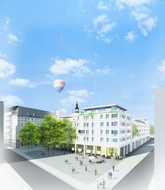 Wie auf dem Entwurf im Bild könnte der Neubau am Getreidemarkt in Chemnitz aussehen.