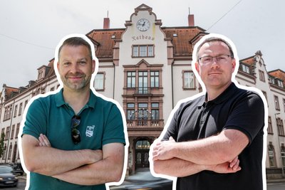 Gehen bei der OB-Wahl in Aue-Bad Schlema in Runde zwei ins Rennen: Marcus Hoffmann (CDU, Foto. l) und Stefan Hartung (rechtsextreme „Freie Sachsen“).
