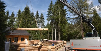 Das Blockhaus für das neue waldpädagogische Erlebniszentrum wird im Arboretum Augustusburg aufgebaut. 60 Fichtenstämme sind dafür bearbeitet worden. 