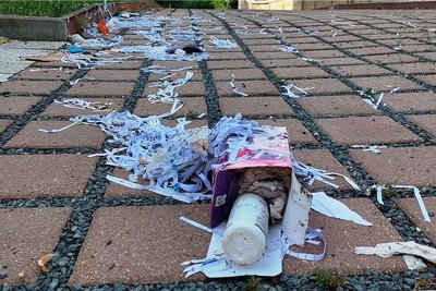 Der Sturm fegte Mülltonnen um, der Müll verteilt sich am Straßenrand.