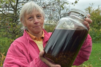 Die Schönerstädterin hat hier einen Magenbitter angesetzt, der aus Senfgarbe, Melisse, Pfefferminze, Beifuß, Vogelbeere, Engelwurz und anderen Kräutern besteht. 