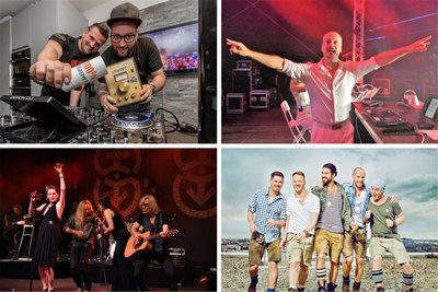 Das DJ-Duo-Stereoact (von oben links im Uhrzeigersinn), der Star-DJ Alex Christensen, die Jungs von Voxx-Club und die Rockband Silly kommen 2024 auf die Waldbühne nach Schwarzenberg.