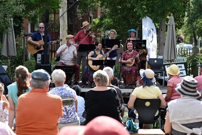 Die Zwickauer Gruppe Saitenspiel beim 33. Rudolstadt-Festival im Schillergarten.