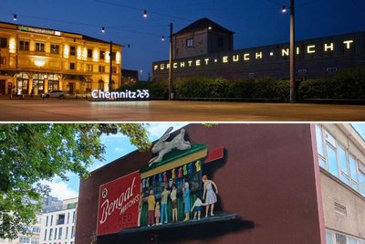 Die Lichtinstallation von Doppeldenk (oben) und das Bild des Niza Kollektiv.