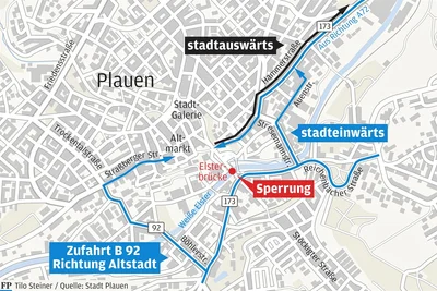 Wer in die Plauener Innenstadt will, muss Umwege in Kauf nehmen. Ab 8. Januar ist die Neue Elsterbrücke voll gesperrt.