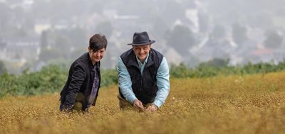 Auf dem Feld mit Blick nach Schlettau: Die Zutaten für viele seiner Produkte kommen bei René Weißbach direkt aus dem Ort. Auf etwa 3,5 Hektar wachsen beispielsweise Senf, Lein und Lupine. Auch der Raps stand nicht weit weg. Jeden Freitag hat der Hofladen von 14 bis 19 Uhr geöffnet. Unterstützt wird der Imker dabei auch von Grit Buschmann. 