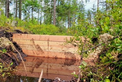 Ein fertiges Sperrbauwerk, welches das Abfließen des Wasser verhindern soll. Als Nächstes werden die Gräben zugeschüttet.