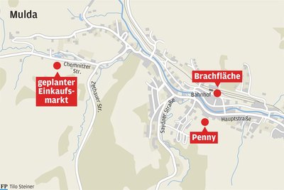 Der Standort des jetzigen Einkaufsmarktes und die Standorte der geplanten Lebensmittelmärkte in Mulda.