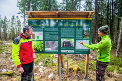 Im Wald begegnen Wanderer jetzt immer häufiger solchen Informationstafeln. Sie erklären das Moor-Projekt. Im Bild: Clemens Weiser (l.) und Cornelius Oertel, vom Thünen-Institut Eberswalde.