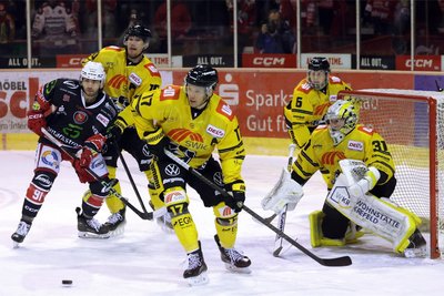 Tamas Kanya (im dunklen Trikot) kämpft gegen vier Akteure der Krefeld Pinguine.