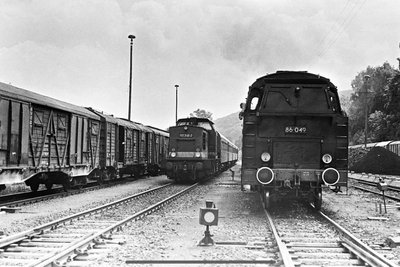Blick in den Bahnhof Olbernhau 1990. Damals herrschte noch Hochbetrieb beim Güterverkehr.