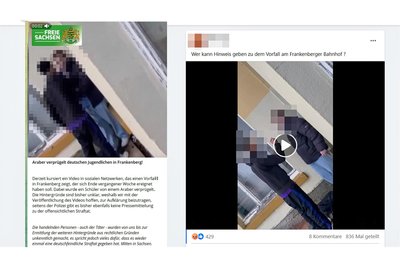 Die beiden Videos im Netz: Bei der Version, die auf Telegram in der Gruppe „Freie Sachsen Mittelsachsen“ geteilt wird (links), ist der Bildausschnitt verändert, eine Verpixelung und ein Logo eingefügt. Der Ton ist anders als bei der Version (rechts, Verpixelung durch „Freie Presse“), die bis gestern noch auf Facebook zu sehen war, kaum zu verstehen.