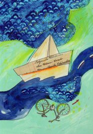 Szene aus Sylvia Graupners Leporello "Unter freiem Himmel", das im Gellert-Museum Hainichen zu sehen ist.