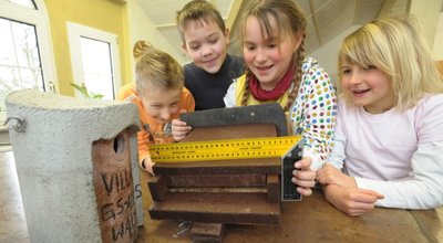 Ben, Tom, Alexandra und Mara (von links) begutachten einen Fledermauskasten. Gebaut haben sie diese Behausung innerhalb eines Ganztagsangebotes mit Wolfgang Platzek aus Glösa. 