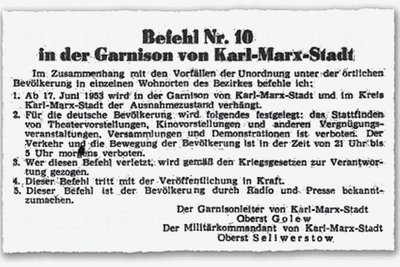 Obwohl es am 17. Juni 1953 rund um das in Karl-Marx-Stadt umbenannte Chemnitz nach Einschätzung der Staatssicherheit „im wesentlichen ruhig“ geblieben war, wurde auch hier der Ausnahmezustand verhängt. Ausschnitt aus der „Volksstimme“ vom 18. Juni.