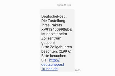 Der Zoll warnt: Fallen Sie nicht auf Fake-SMS wie diese herein. 