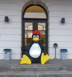 Die Pinguin-Figur wurde von Unbekannten vorm Eingang der Hochschule platziert. 