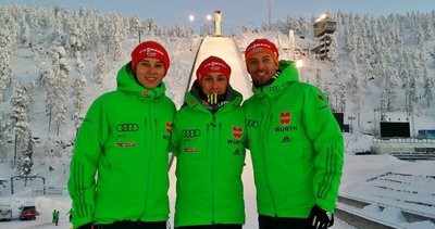 Endlich Winter: Terence Weber, Eric Frenzel und Björn Kircheisen (von links) Anfang der Woche beim Fotoshooting für "Freie Presse" in Ruka.