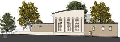 Die künftige Ansicht des Alten Schlosses von der Kirchstraße: Links der neue Anbau Tourist-Info, daneben der herausgehobene Saal. 