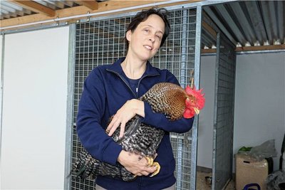Die Zwickauer Tierheimchefin Claudia Ruf, hier mit einen stattlichen Hahn, der im Tierheim lebt.