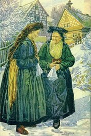 Für eine Postkartenserie, die Volkstypen in Trachten darstellte, steuerte Gustav Zindel unter anderem dieses Motiv mit Egerländerinnen bei.