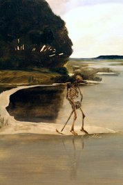 "Der Tod am Wasser" (Der pinkelnde Tod) von Max Klinger (1857 bis 1920). Das 1881 entstandene Bild wird vom Museum der Bildenden Künste in Leipzig aufbewahrt. Der Tod ist in dieser Darstellung nicht der lebensbedrohende Begleiter des Lebens. Als eher einsamer Geselle muss er einer menschlichen Notdurft gehorchen. 
