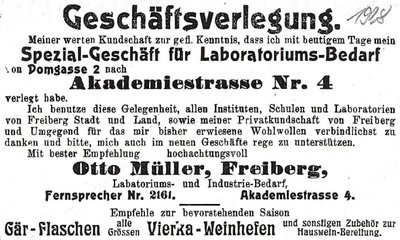 Eine Anzeige von 1928 zur Geschäftsverlegung.
