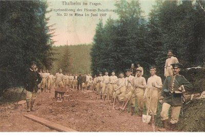 Arbeiten am Pionierweg in Thalheim wurden von der 3. und 4. Kompanie des damaligen 22. Pionierbataillon Riesa vom 18. bis 24.Juni 1907 ausgeführt.
