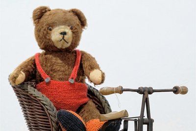 Ein betagter Teddy nebst Dreirad aus der Sammlung von Bärbel Straube.