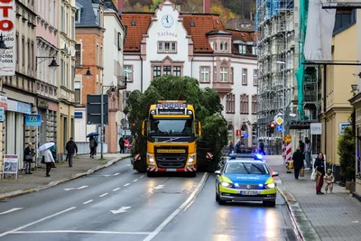 Mit Polizeigeleit ist der Weihnachtsbaum am Montag ins Auer Stadtzentrum gebracht worden.