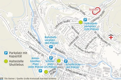 Wo können FCE-Fans am Dienstagabend in Aue parken? Die Stadtverwaltung verweist auf diese fünf Parkplätze im Stadtgebiet.