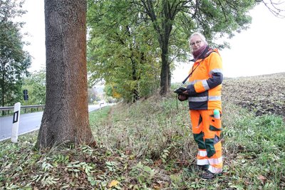 Susanne Schlesiger kontrolliert jährlich etwa 25.000 Bäume. Mit dabei hat sie immer ihr Tablet und Sprühfarbe.