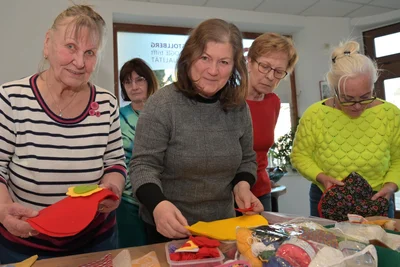 Helga Gleditzsch aus Oelsnitz (li.) und Antje Ludwig aus Stollberg (2.v.li.) bringen sich beim Nähprojekt mit ein.