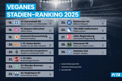 Die Tierrechtsorganisation Peta hat die Stadien getestet: Das ist die Abschlusstabelle der vegan-freundlichsten Stadien der 1. und 2. Fußball-Bundesliga.