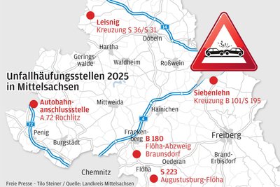 Fünf der insgesamt etwa zwei Dutzend Unfallhäufungsstellen im Landkreis Mittelsachsen.