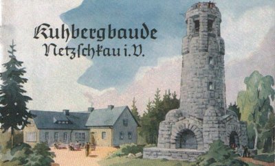 Kuhbergbaude und -turm auf dem Titel einer historischen Broschüre.