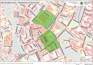 Zwei Kontrollbereiche (grün markiert) in der Chemnitzer Innenstadt werden im August eingerichtet.