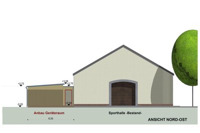 Für 172.000 Euro soll die Zschopautalhalle in Lauenhain (hier ein Planungsentwurf) erweitert werden. Geplant sind ein Anbau als Lagerfläche für Sportgeräte, eine neue Prallwand sowie Arbeiten am Fußboden.