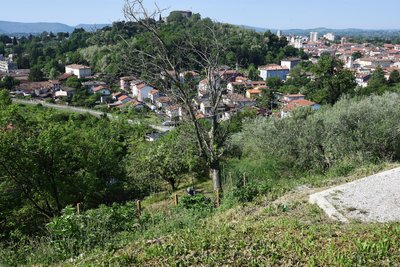 Blick auf Gorizia mit der Burg. Im Tal verläuft ein Radweg auf dem Grenzstreifen.
