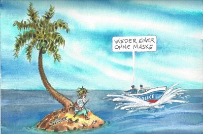 Eine der drei Karikaturen, mit denen der Schwarzenberger Künstler Ralf Alex Fichtner an der Triennale 2021 in Greiz beteiligt ist - mit unverkennbarem Zeitbezug und drastischer Zuspitzung der Realität.